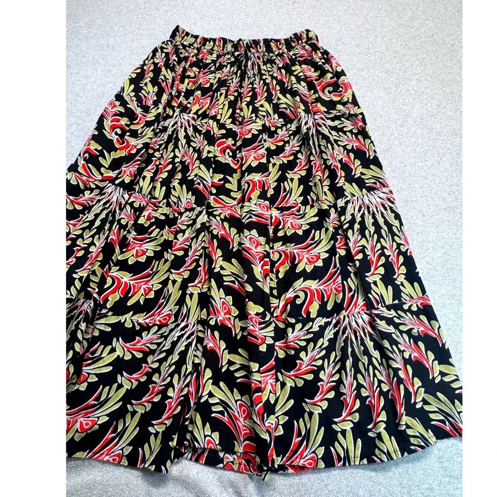 Ashley Taylor Womens Tiered Maxi Skirt Black Red Floral 100% Cotton Size L Flowy